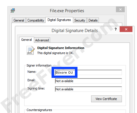 Screenshot of the Boxore OU certificate